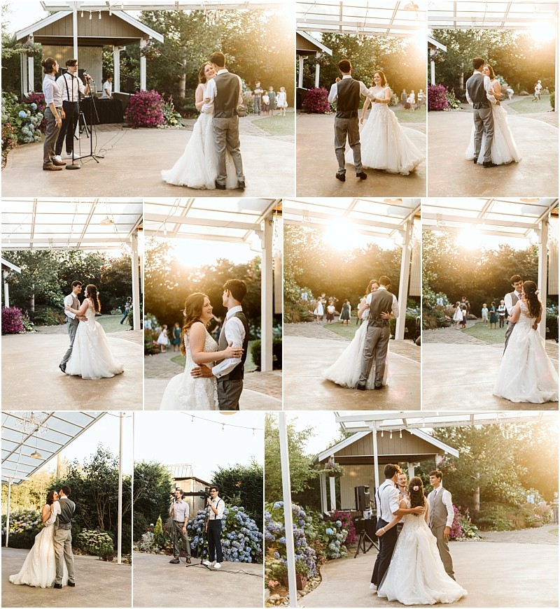 A bride and groom share their first dance outdoors under a canopy in snohomish surrounded by greenery flowers and sunshine as their guests watch The couple is smiling and enjoying their special moment together Snohomish wedding photography
