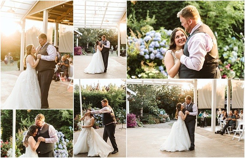 A collage of wedding photos shows a bride and groom dancing together outdoors at sunset in snohomish surrounded by greenery and flowers with guests watching and smiling in the background Snohomish wedding photography