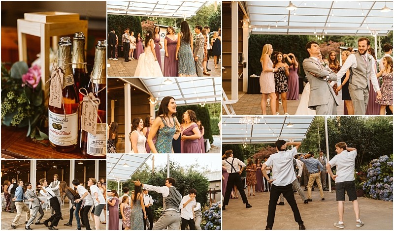 A collage of wedding reception scenes in snohomish shows guests dancing laughing and socializing outdoors under a canopy with close ups of drinks and floral decorations all in warm festive lighting Snohomish wedding photography