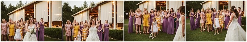 A series of four photos shows a bride tossing her bouquet to a group of women and girls many in purple and yellow dresses gathered outside near a snohomish barn during a wedding celebration Snohomish wedding photography