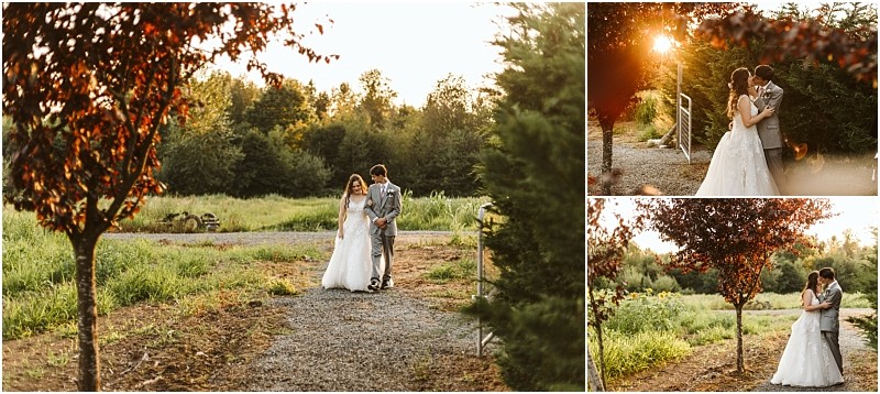 A bride and groom walk hand in hand along a snohomish garden path at sunset surrounded by trees and greenery Two smaller photos show the couple embracing and sharing a kiss in the golden sunlight Snohomish wedding photography