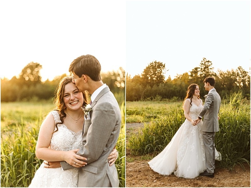 A bride in a white lace dress and a groom in a light gray suit embrace and smile at sunset in snohomishs grassy outdoors In another shot they hold hands and gaze at each other surrounded by lush snohomish greenery Snohomish wedding photography
