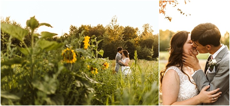 Two images of a bride and groom in a sunlit snohomish field on the left they embrace among tall wildflowers on the right they share a romantic kiss in close up surrounded by soft golden light Snohomish wedding photography