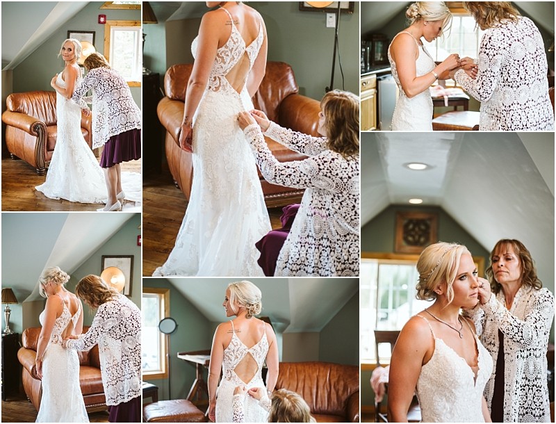 A collage of photos showing a bride in a white dress being helped by an older woman likely her mother as they prepare for the wedding in a cozy sunlit snohomish room with leather furniture Snohomish wedding photography