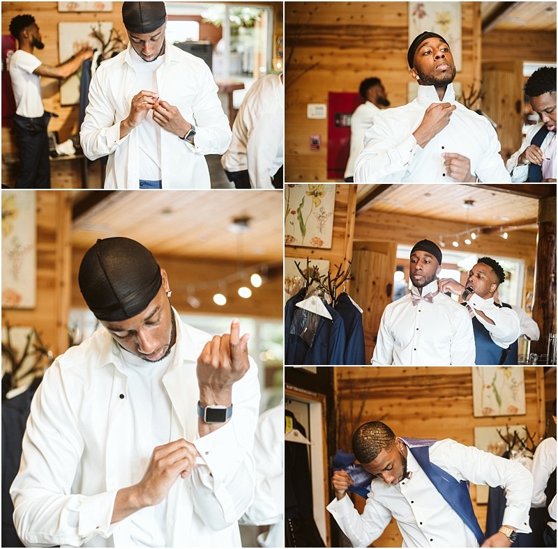 A collage of a man in a white shirt getting dressed adjusting his cuffs collar and tie and putting on a blue suit jacket with another man helping him in a wooden room in snohomish Snohomish wedding photography