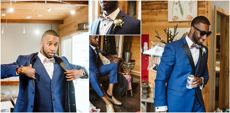 A man in a blue tuxedo with a bow tie is shown in various poses indoors in snohomish adjusting his suit sitting and smiling with a drink in hand He wears sunglasses and sparkly gold shoes in one image Snohomish wedding photography