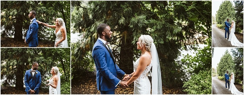 A collage of wedding photos shows a bride and groom outdoors by trees in snohomish The bride in a white dress surprises the groom in a blue suit as they smile hold hands and gaze at each other on a forested path Snohomish wedding photography