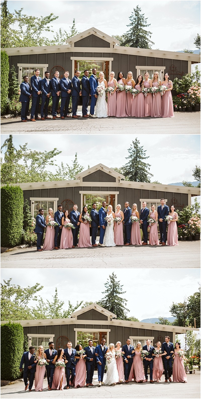 Three photos show a wedding party posing outdoors in front of a gray building in snohomish The group includes the couple groomsmen in blue suits and bridesmaids in pink dresses all smiling and holding bouquets Snohomish wedding photography