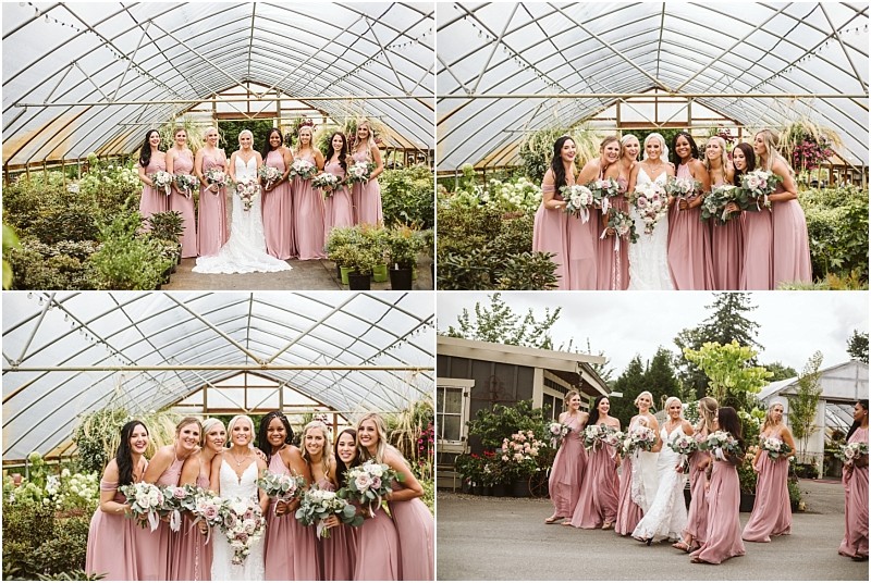 A bride in a white dress poses with her bridesmaids in matching mauve dresses holding bouquets inside a snohomish greenhouse and outdoors smiling and walking together Snohomish wedding photography