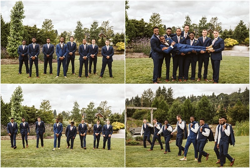 Four photos of a groom and his groomsmen in blue suits posing playfully and formally outdoors on a grassy snohomish lawn with trees and shrubbery in the background Snohomish wedding photography
