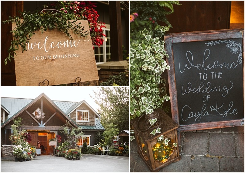 A rustic snohomish wedding venue with a wooden lodge a sign reading welcome to our beginning and a chalkboard sign that says welcome to the wedding of caysi & kyle surrounded by flowers and greenery Snohomish wedding photography