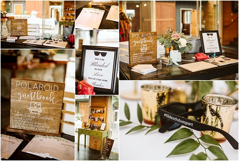 A collage of wedding reception decor in snohomish features a polaroid guestbook station with wooden signs pens guestbook instructions photo props and decorative touches like votive candles and greenery Snohomish wedding photography