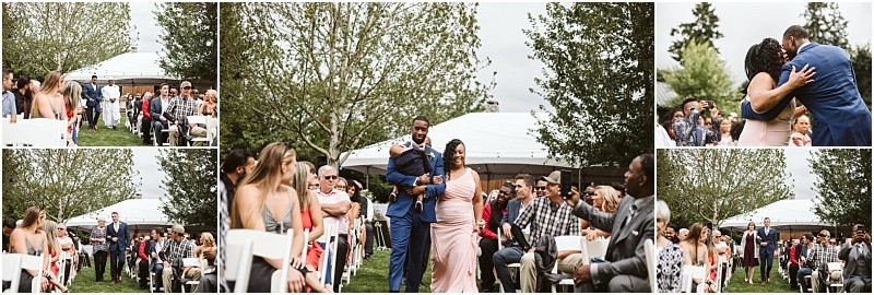 A collage of outdoor wedding ceremony photos in snohomish shows guests seated on white chairs a couple walking down the aisle together and moments of celebration surrounded by trees and a white tent Snohomish wedding photography