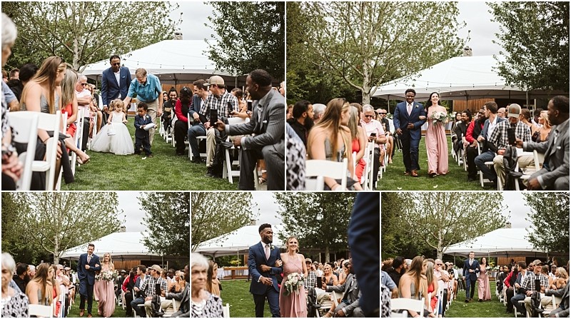 Six photos showing an outdoor snohomish wedding ceremony Guests sit on white chairs as couples walk down the aisle including flower girls groomsmen and bridesmaids with trees and a white tent in the background Snohomish wedding photography