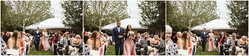 Three panel photo of a snohomish wedding ceremony outdoors shows guests seated while bridesmaids and groomsmen walk down the aisle under a tent and trees with people smiling and watching Snohomish wedding photography