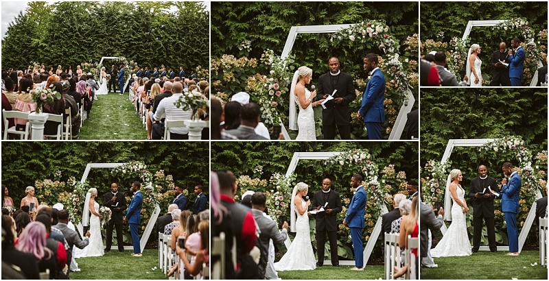 A collage of six outdoor wedding ceremony photos in snohomish shows a bride in a white dress and a groom in a blue suit exchanging vows with an officiant surrounded by seated guests and lush greenery Snohomish wedding photography