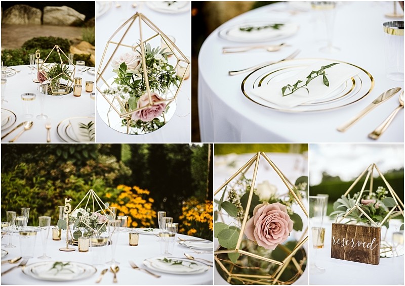 A collage of elegant outdoor wedding table settings in snohomish featuring white linens gold rimmed plates and glasses geometric terrariums with pink roses and greenery and a wooden reserved sign Snohomish wedding photography