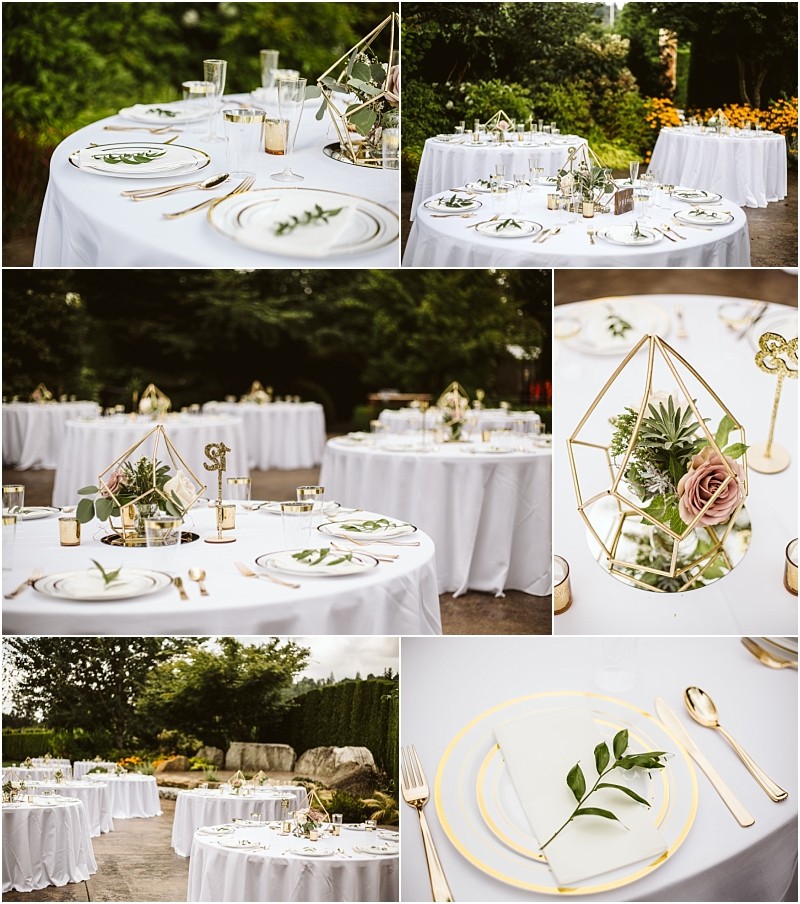 Elegant outdoor wedding tables in snohomish feature white linens gold cutlery glassware geometric terrariums with flowers and greenery and napkins adorned with olive branchesall set in a lush garden setting Snohomish wedding photography