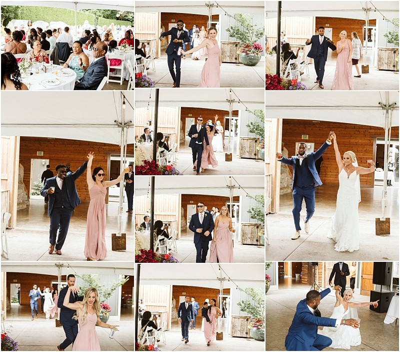 A nine photo collage of a wedding partys lively entrance in snohomish Bridesmaids in pink and groomsmen in navy dance enthusiastically followed by a joyful bride and groom joining friends and guests under a white tent at the reception Snohomish wedding photography