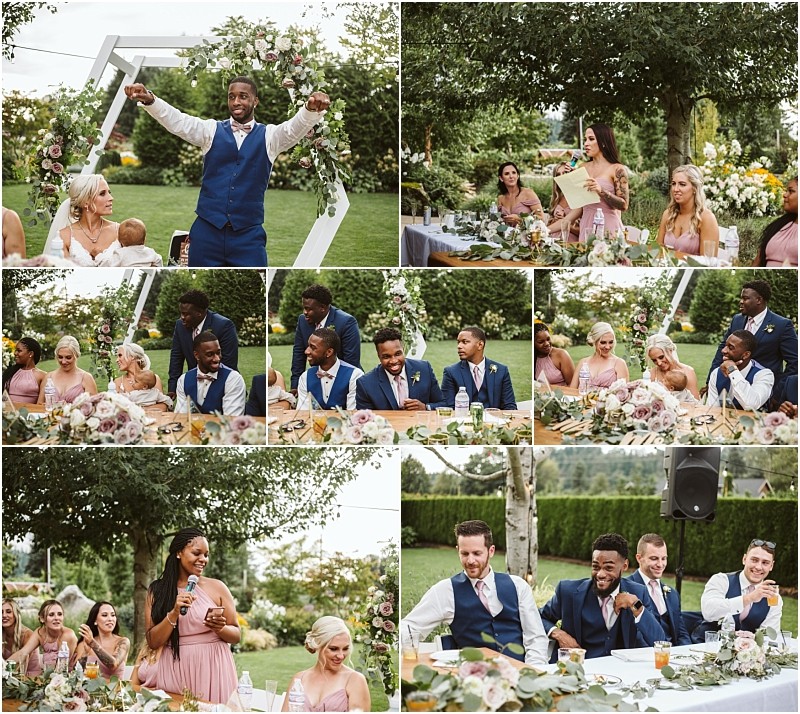 A collage of outdoor wedding reception moments in snohomish shows guests at a decorated table giving speeches laughing and celebrating Flowers and greenery frame the scene with people dressed in formal attire enjoying the event Snohomish wedding photography