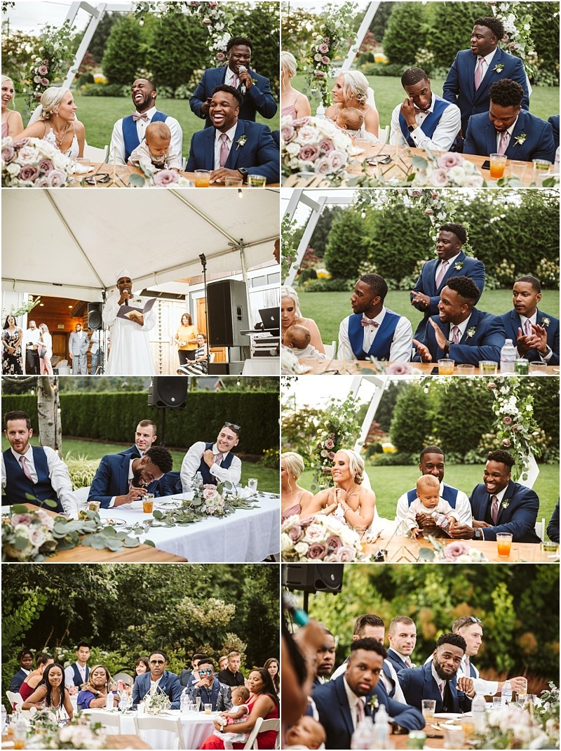 A collage of outdoor snohomish wedding reception photos shows guests at a decorated table laughing listening to speeches and interacting warmly A woman gives a speech under a tent surrounded by lush greenery and floral arrangements Snohomish wedding photography