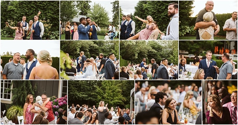 A collage of candid moments at an outdoor snohomish wedding reception showing guests socializing laughing hugging and enjoying the celebration among greenery and tables set up in a beautiful garden setting Snohomish wedding photography