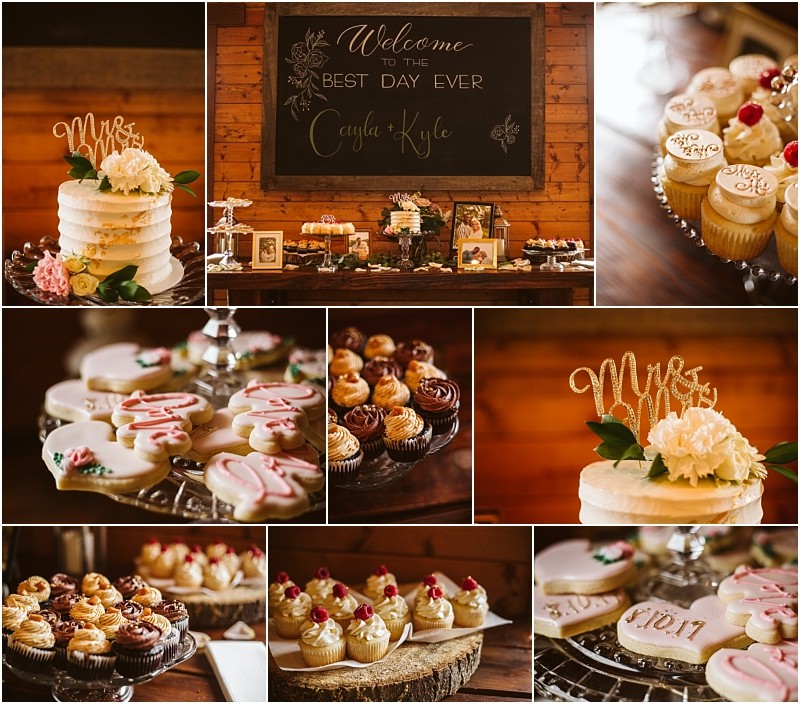 A rustic dessert table in snohomish with a chalkboard sign cakes cupcakes and decorated cookies arranged beautifully featuring mr & mrs toppers and floral accents for a charming wedding celebration Snohomish wedding photography
