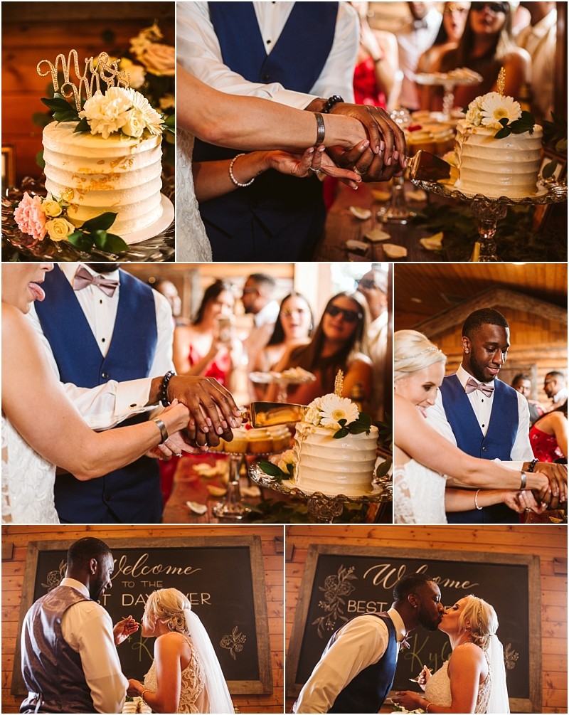 A bride and groom cut their tiered wedding cake together share a joyful moment and later stand facing each other in front of a rustic snohomish sign surrounded by smiling guests in a warmly lit venue Snohomish wedding photography