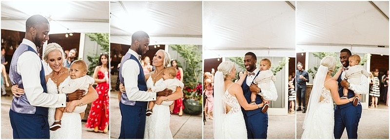 A bride groom and young child share a joyful dance together at a snohomish wedding reception under a tent surrounded by smiling guests in colorful attire Snohomish wedding photography