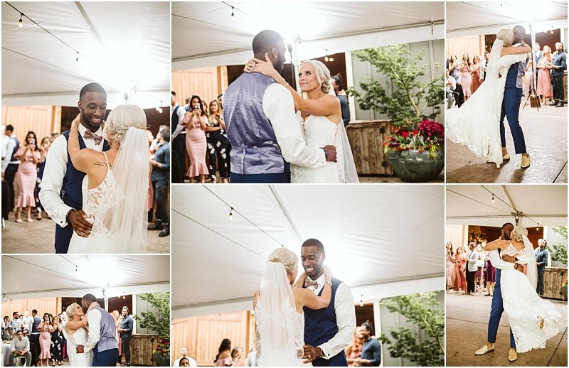A collage of six photos shows a bride and groom sharing their first dance at their snohomish wedding under a white tent surrounded by smiling and clapping guests The bride wears a white dress and veil the groom wears a blue suit Snohomish wedding photography