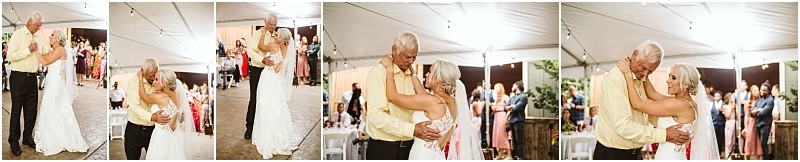 A series of photos showing a bride in a white dress dancing emotionally with an older man likely her father under a white tent at a snohomish wedding with guests watching in the background Snohomish wedding photography