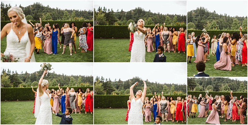 Six panel collage of a bride in a white dress tossing her bouquet on a snohomish lawn with trees in the background and a young boy nearby The women eagerly reach to catch the bouquet Snohomish wedding photography