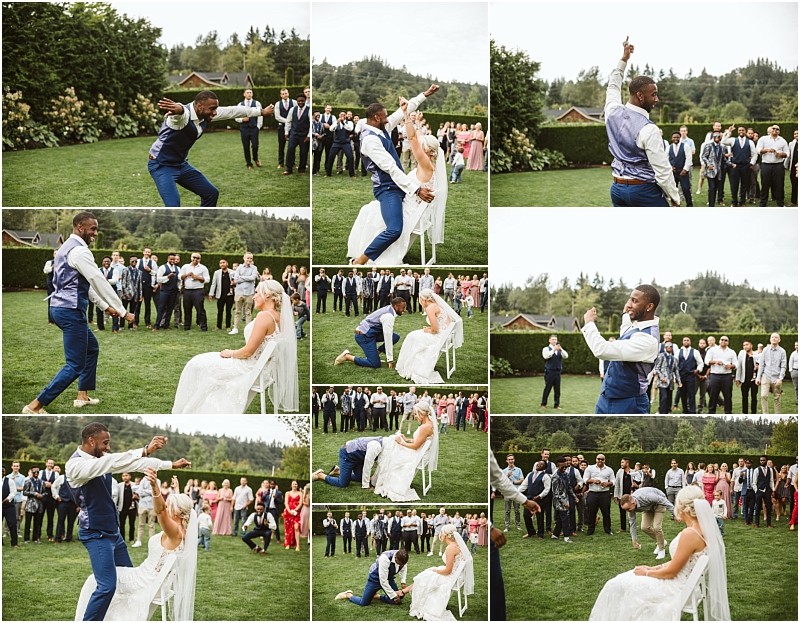 A collage of outdoor snohomish wedding photos shows a groom dancing and performing for the bride who is seated on a chair as guests watch and laugh He removes her garter and prepares to toss it to a group of waiting men Snohomish wedding photography