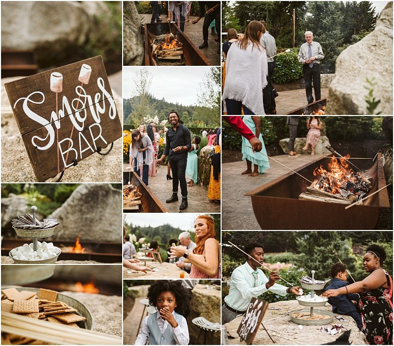 A collage of people gathered outdoors around a fire pit in snohomish roasting marshmallows Theres a wooden smores bar sign trays of graham crackers and chocolate and guests making smores in a scenic natural setting Snohomish wedding photography