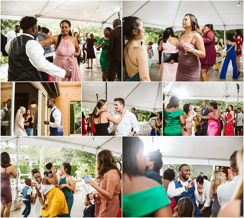 A collage of people dancing laughing and socializing at a lively snohomish outdoor event under a white tent dressed in colorful formal attire and enjoying the celebration together Snohomish wedding photography