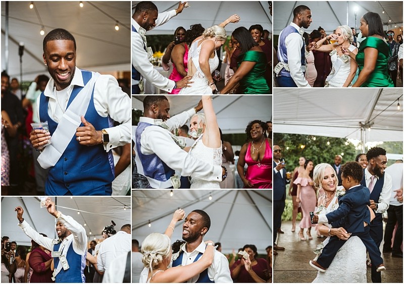 A series of wedding reception photos shows guests including the bride and groom joyfully dancing laughing and celebrating together under a white tent at a charming snohomish venue Guests in formal attire appear to be having a great time Snohomish wedding photography