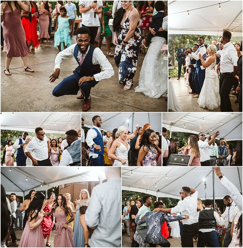A collage of wedding reception photos in snohomish shows guests and the bride and groom dancing laughing and celebrating together both indoors and outdoors under a white tent Everyone appears joyful and energetic Snohomish wedding photography