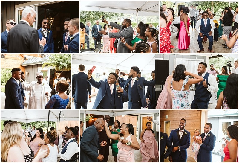 A collage of wedding reception photos in snohomish shows guests dancing laughing posing for selfies and enjoying the outdoor celebration under a tent Everyone is dressed in formal and colorful attire creating a joyful atmosphere Snohomish wedding photography