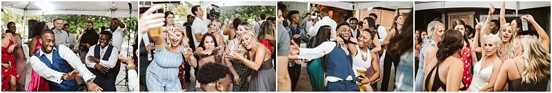 A collage of lively snohomish wedding reception scenes shows guests of diverse backgrounds dancing laughing and celebrating together under a tent dressed in formal attire Snohomish wedding photography