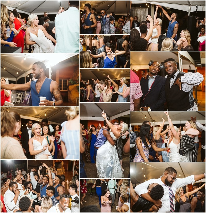 A collage of wedding reception photos in snohomish shows guests dancing laughing and celebrating together under a tent with lively energy and joyful expressions Snohomish wedding photography
