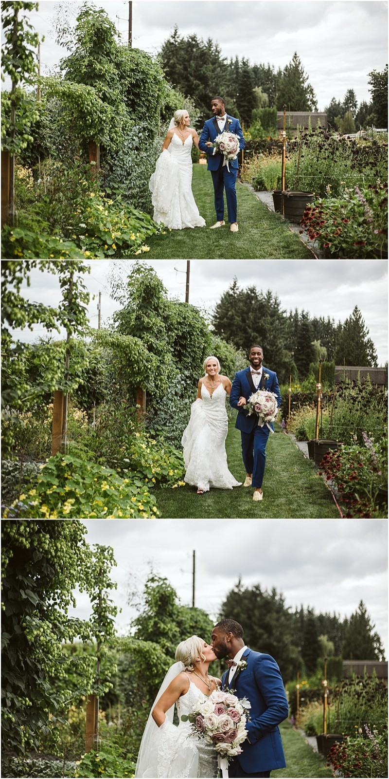 A bride in a white dress and a groom in a blue suit walk through a lush snohomish garden smiling and laughing In the last frame they pause for a kiss holding a bouquet of light pink flowers Snohomish wedding photography
