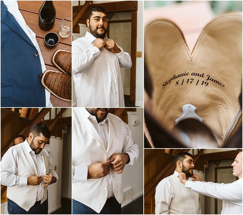 Collage of a snohomish groom getting ready suit shoes and accessories laid out the groom adjusting his shirt and vest someone helping with his collar close up of shoe sole with stephanie and james 81719 engraved Snohomish wedding photography