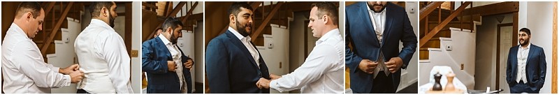 A series of five photos shows two men in dress shirts and suits getting ready together in a stylish snohomish room adjusting jackets and buttons near wooden stairs and white walls Snohomish wedding photography