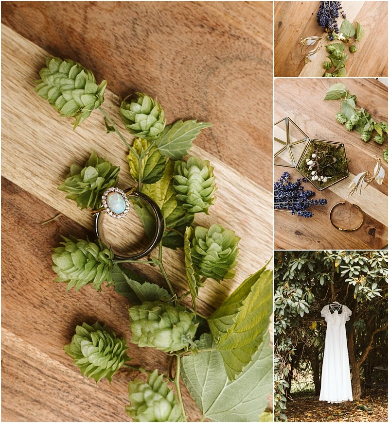 Five images a ring with a white stone on green hop buds purple berries and greenery on wood a glass box with berries a magnifying glass and a white wedding dress hanging from a tree in snohomish Snohomish wedding photography
