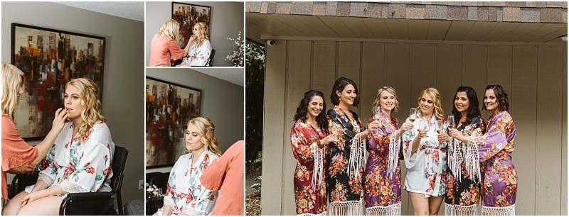A collage shows a bride getting her makeup done in a floral robe then posing outside with five bridesmaids in matching colorful robes all smiling and holding drinks at a charming snohomish venue Snohomish wedding photography
