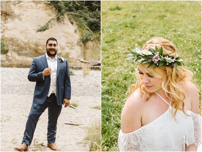 Split image on the left a man in a blue suit stands on a sandy area outdoors On the right a woman with blonde hair and a flower crown looks down while wearing a white off the shoulder dress on green grass in snohomish Snohomish wedding photography