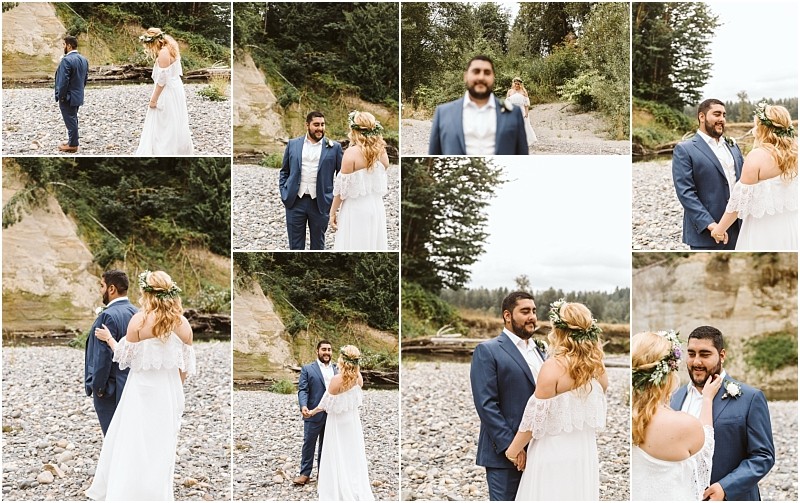 A collage of wedding photos shows a bride and groom having a first look outdoors on a rocky riverbank in snohomish with trees and cliffs in the background The couple exchanges smiles and holds hands with the bride wearing a flower crown Snohomish wedding photography