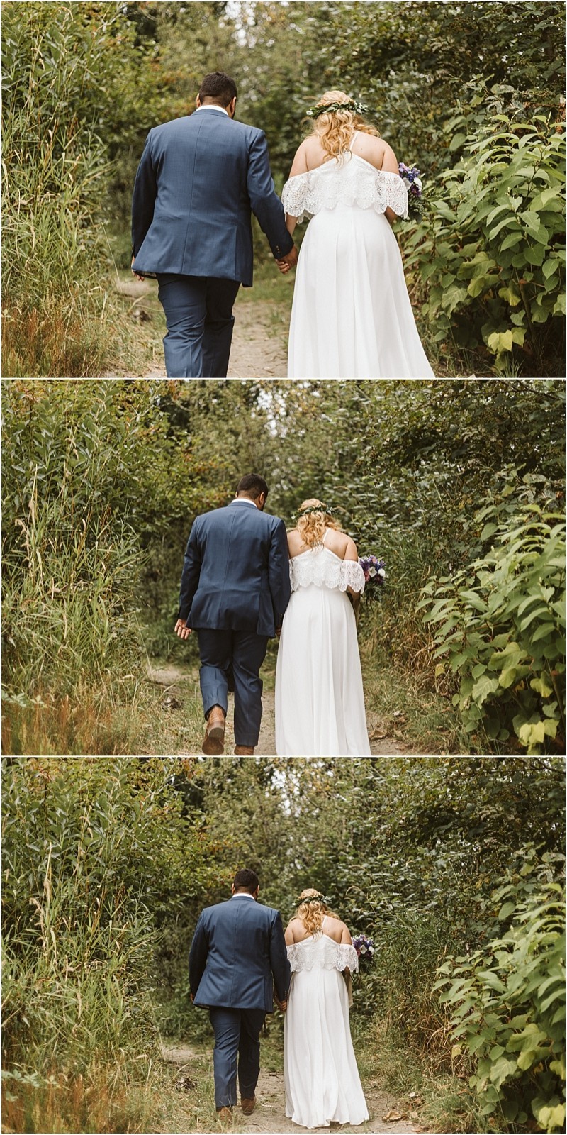 A bride and groom seen from behind walk hand in hand along a natural leafy pathway in snohomish The bride wears a white dress and holds a bouquet the groom wears a blue suit The scene is peaceful and surrounded by greenery Snohomish wedding photography