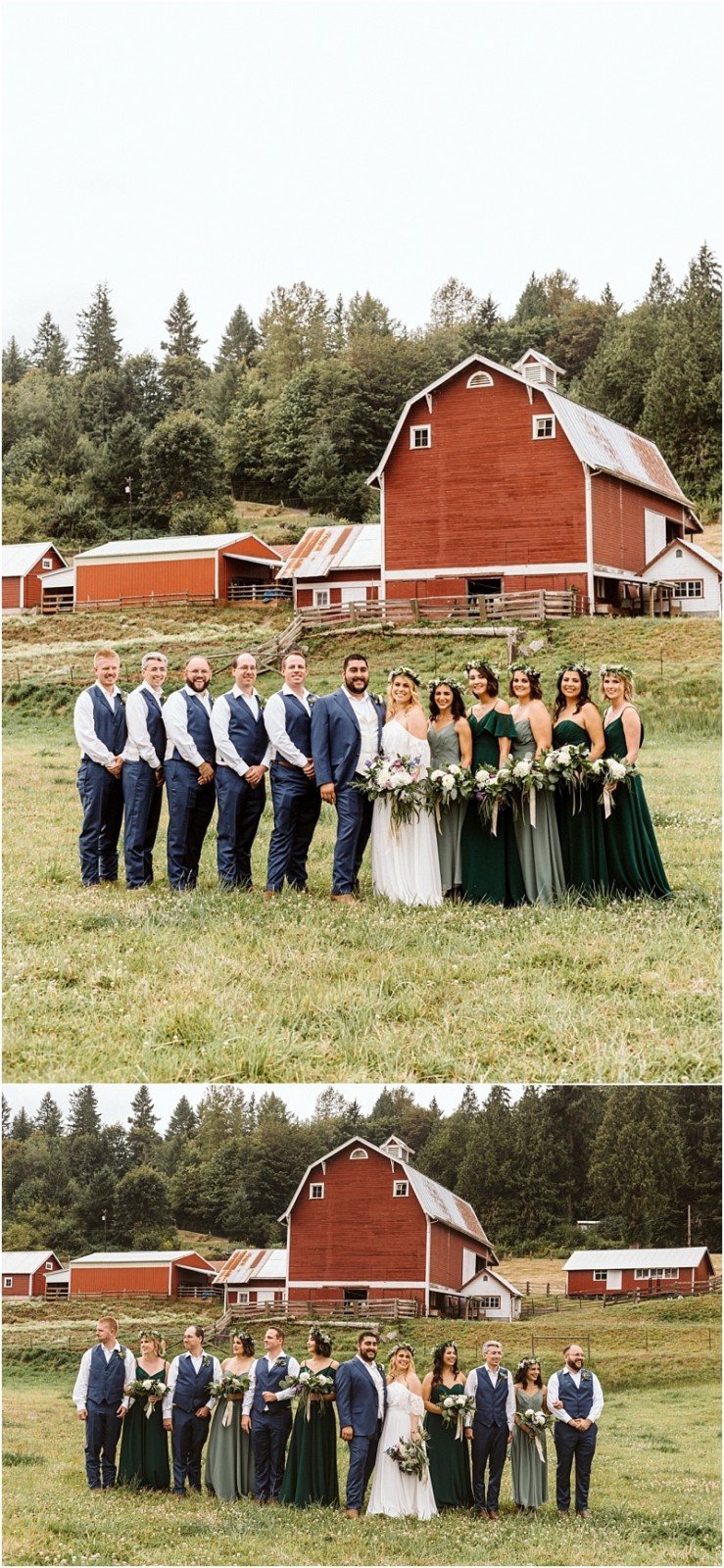 A wedding party poses outdoors in snohomish in front of a large red barn and farmhouse The group includes the bride groom bridesmaids in dark green dresses and groomsmen in blue vests and pants all standing on grass with trees behind Snohomish wedding photography