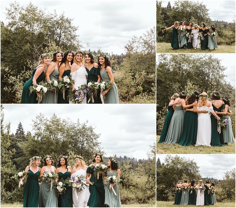 A collage of five outdoor photos shows a bride in white surrounded by bridesmaids in various shades of green dresses all holding bouquets and smiling among snohomish trees and greenery Snohomish wedding photography